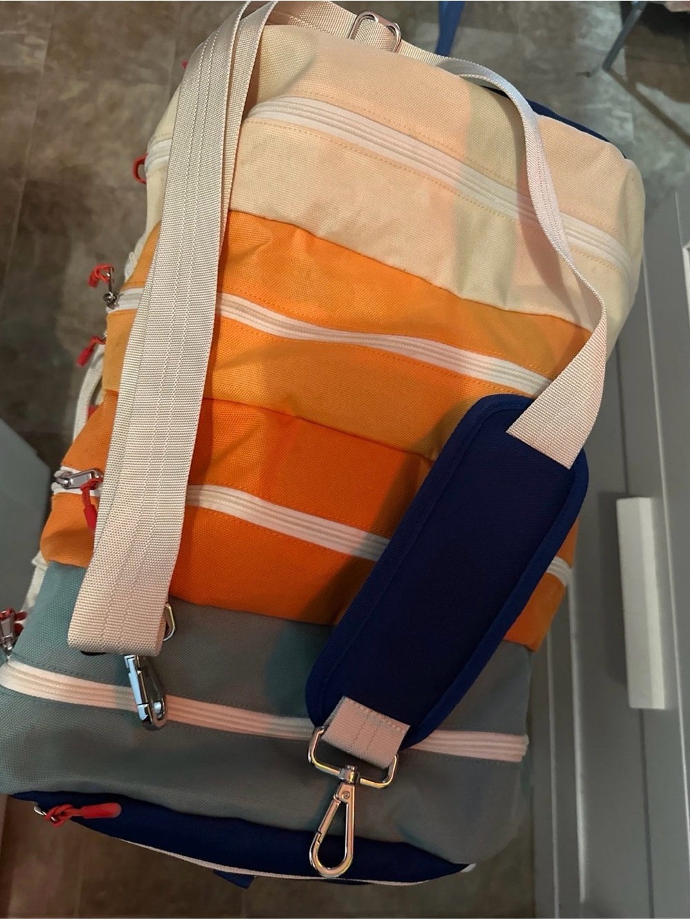 Striped Orange & Cream Travel Duffel with Navy Shoulder Pad